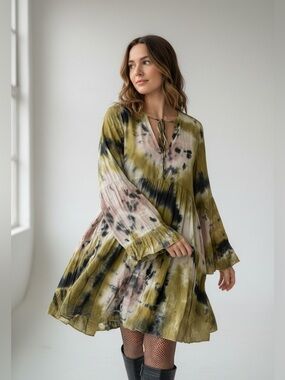 Young Fab and brokeTie-Dye Boho Ruffle Sleeve Tunic Dress - Olive, Blush & Black